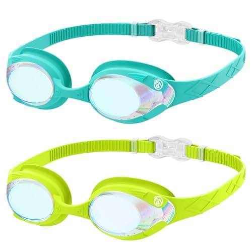 OutdoorMaster Kids Swim Goggles 2 Pack - Quick Adjustable Strap Swimming Goggles for Kids, Green Cyan - Image 1