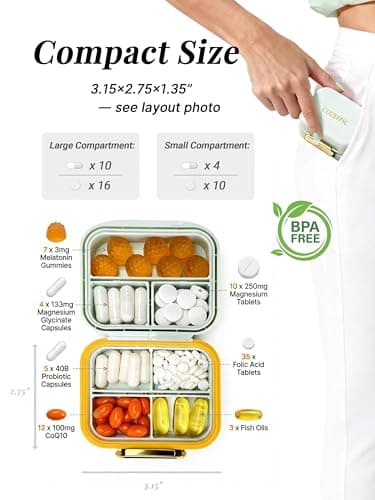 Small Pill Case Travel Pill Box with 7 Compartments for Purse - Compact Pill Organizer for Medicine Vitamin - Portable Container for Fish Oil & Supplements - Sage - Thumbnail 2