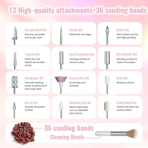 Denabuty Electric Nail Drill Cordless, 35000RPM Portable Electric Nail File with LCD Display and 12 Nail Drill Bits for Acrylic & Gel Nails, Professional Manicure & Pedicure Kit Set Pink - Thumbnail 6