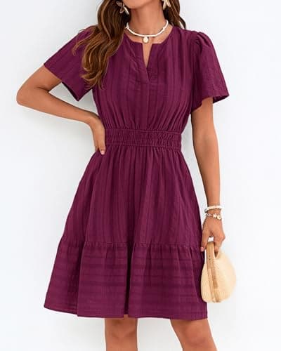 BTFBM Womens Spring 2026 Casual Mini Dresses Lightweight Short Sleeve V Neck Elastic Waist Cute Boho Beach Dress Pockets(Burgundy, X-Large) - Thumbnail 5