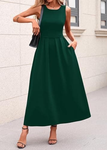 Lazysmile Summer Sleeveless Maxi Dresses for Women Mock Neck Pleated A Line Formal Cocktail Wedding Guest Dress DarkGreen - Thumbnail 5