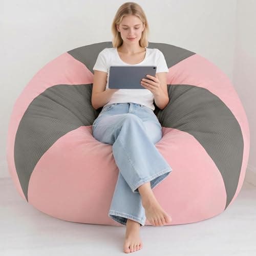 Homguava 6FT Bean Bag Chairs for AdultsTeardrop BeanBag Chair Comfy Memory Foam Bean Bags Two-Tone Distressed Velvet&Corduroy, Washable Cover for Living Room, Home (Corduroy, Light Grey/Pink) - Thumbnail 6