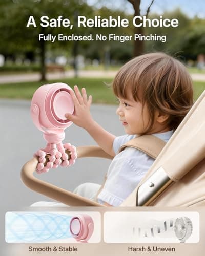 SWEETFULL Portable Stroller Fan, Pinch-Proof Baby Fan, 10H Battery, 5-Speed Quiet Mini Clip on Fan, USB-C Rechargeable with LED Display for Car Seat, Crib & Travel - Pink - Thumbnail 2