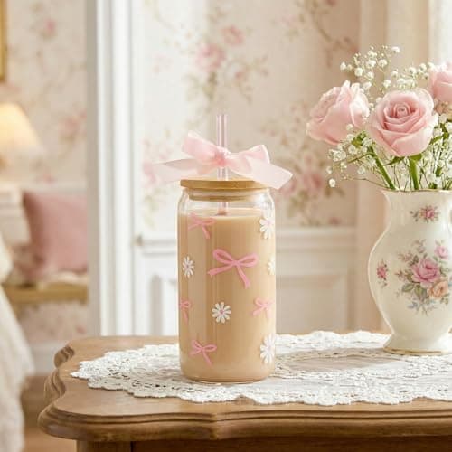 Celebloom Coquette Pink Bow Daisy Glass Cup with Lids and Straws, Girly Preppy Design Tumbler Mug, Birthday Valentines Christmas Gifts for Teen Girl Women Girlfriends, Teen Girl Gifts Trendy Stuff - Thumbnail 5