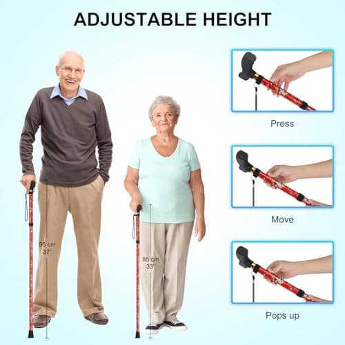 supregear Folding Cane, Lightweight 5-Level Adjustable Walking Stick with Wrist Strap and T-Handle, Portable Mobility Aid for Elderly and Disabled Men and Women, Floral Red - Thumbnail 3