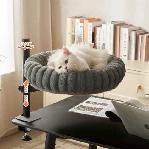 Dogpals 360° Rotating Cat Bed for Desk, Height Adjustable Cat Perch with Semi-Enclosed Design & Removable Cushion, No-Drill Clamp fits up to 1.18" Desk, Supports 9lbs for Office, Gaming Table, Grey - Image 1
