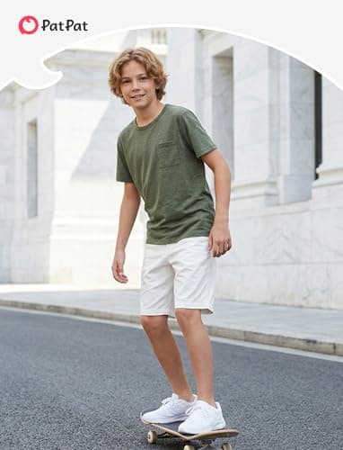 PATPAT Boys Short Sleeve Shirts Size 15-16 Years Army Green Summer Crewneck T Shirt with Chest Pocket Casual Basic Tops Tees for Teen Boy - Thumbnail 5