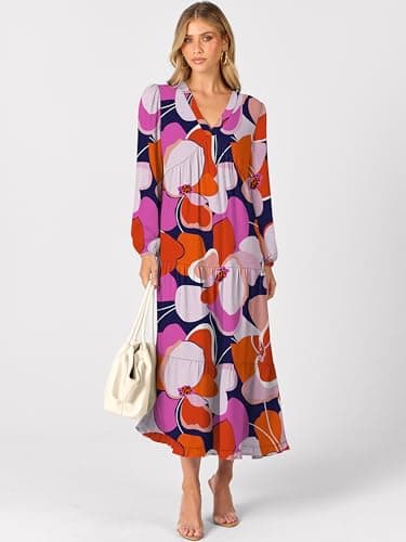 ANRABESS Womens Long Sleeve Boho Maxi Dress 2026 Fall V Neck Floral Striped Casual Loose Fit Beach Vacation Dresses Print Floral Butterfly Small - Thumbnail 4