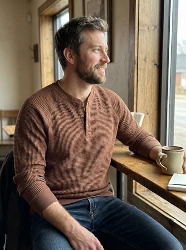 QIVICIMA Raglan Long Sleeve Waffle Henley Shirts for Men Textured Cotton Pullover Knit Tee with Button Neckline Dark Brown XXXL - Thumbnail 2
