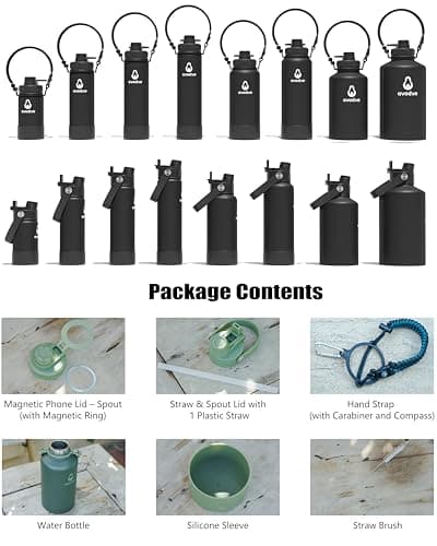 avodvo 12 oz Insulated Water Bottle with 2 Lids (2-in-1 Straw & Spout Lid, Magnetic Lid), Kids Water Bottle with Strap, Kids Stainless Steel Water Bottle for School, PA-Free, Black - Thumbnail 2