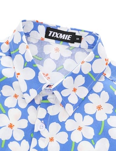 TIXMIE Mens Cotton Hawaiian Shirt - Casual Short Sleeve Button Down Shirts, Tropical Floral Shirt for Summer Beach Vacation Party Blue - Thumbnail 4