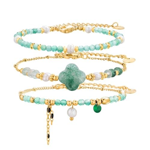 POMODA Beaded Bracelets Set for Women Stackable Healing Layered Bracelets Stack 3PCS Aquamarine Gemstone Crystal Dainty Boho Summer Jewelry for Women Natural Stone 14k Gold Plated - Image 1