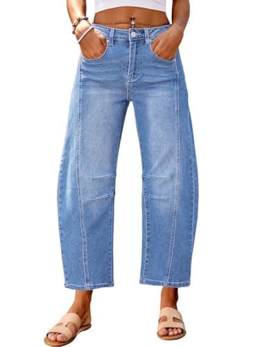 Genleck Barrel Jeans Women Wide Leg Cropped Jeans High Waisted Baggy Boyfriend Mom Denim Ankle Pants with Pockets（Light Blue,12） - Image 1