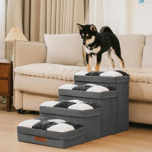 Dog Stairs with Storage, 4-Step Chessboard Plaid Handcrafted Dog Steps for Small Medium Dogs Cats, Folding Sturdy Pet Stairs Climbing Bed or Sofa, Grey - Thumbnail 5