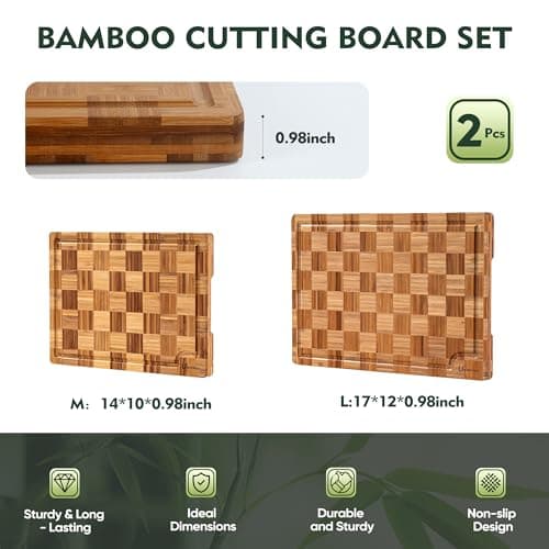 Extra Large Bamboo Cutting Boards, 2-Pack Heavy Duty Bamboo Cutting Boards Set with Juice Grooves & Non-Slip Feet –Checkered Extra Large Thick Wood Chopping Board for Meat, Fruits, Non-Toxic & Durable - Thumbnail 6