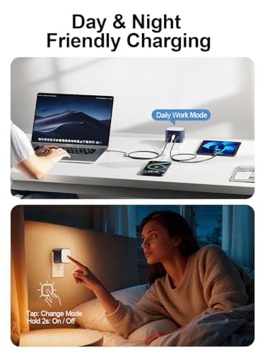 45W GaN USB-C Wall Charger with Touch-Control Night Light, 3-Port Fast Charging Power Adapter (2 USB-C + 1 USB-A), Foldable Plug, PPS Support（Blue） - Thumbnail 3