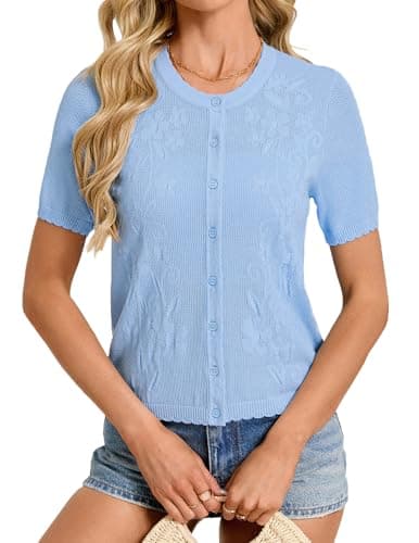 GRACE KARIN Lightweight Cardigans for Women, Cotton Short Sleeve Cardigan, Knit Bolero Shrugs for Summer Dress(L, Light Blue) - Image 1