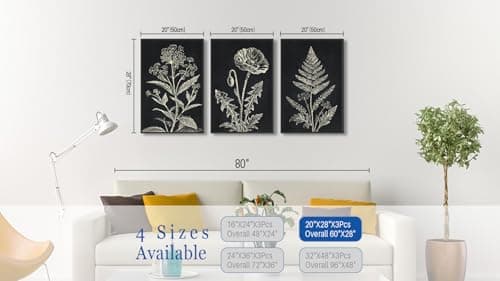 Large Framed Botanical Wall Art, Minimalist Floral Canvas Prints, Black and White Farmhouse Plant Artwork Flower Pictures for Living Room Bathroom Bedroom Office Décor 20"x28"x3Pcs - Thumbnail 6