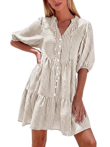 BTFBM Womens Summer Dresses 2026 Striped Mini Dress Half Sleeve Button Down Casual Flowy Beach Vacation Outfits Pockets(Brown, Large) - Image 1
