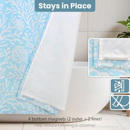 Drifted Root Coastal Loft Series Matelassé Jacquard Shower Curtain, Soft Touch, Metal Hooks, Detachable Liner & Weighted Magnets, Water-Repellent Bath Curtain (Ocean Mist Blue, 72"W x 84"L(Pack of 1)) - Thumbnail 3
