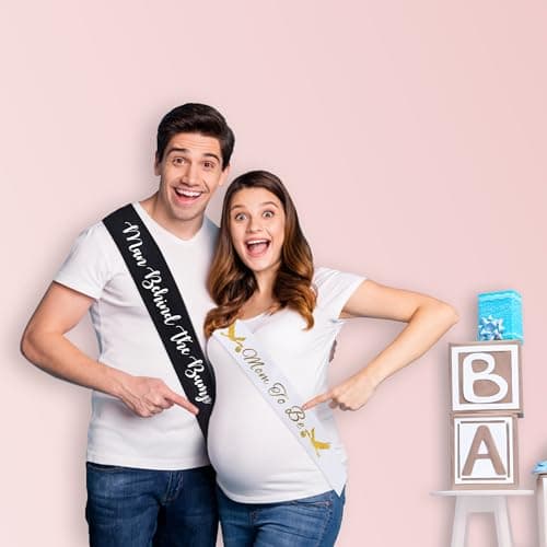 "Man Behind The Bump" Funny Baby Shower Sash for Daddy to Be, Baby Shower Party Decorations Gifts Supplies Dad to Be Baby Gender Reveal Ideas New Father Favors (Black and White) - Thumbnail 4