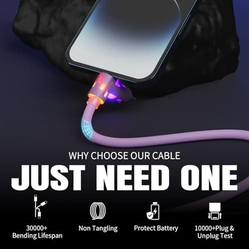 240W USB C Cable,4 in 1 Charging Cable Fast Charging & Data Sync,Multi USB Charging Cable with Breathing Light,Charger Cord for iPhone 16/15 14 13 iPad Samsung Galaxy MacBook iPad Tablets,Purple 5Ft - Thumbnail 2