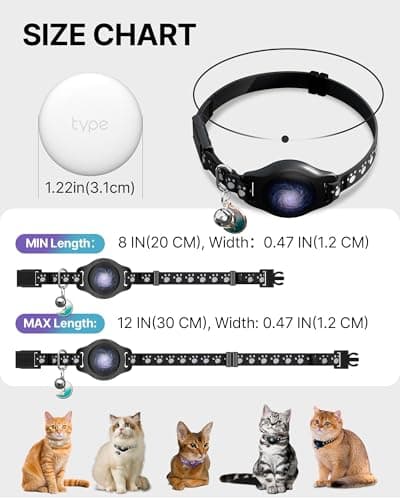 Cat Tracker Collar Waterproof Airtag Cat Collar with Finder Tag (iOS ONLY Not for Android Devices), Compatible with Apple Find My, Breakaway Tractive with Reflective Pattern & Bell, Black, 8-12" - Thumbnail 5