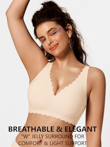 COCOMARTS Jelly Bras for Women No Underwire Scalloped Push Up Seamless Full Coverage Plunge Bralettes Wireless Tshirt Bras Nude X-Large - Thumbnail 3