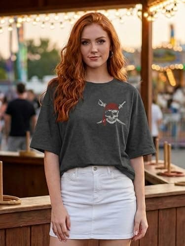 Pirate Shirt Women Vintage Graphic Oversized Skeleton Shirt Funny Casual Skull Short Sleeve Top - Thumbnail 4