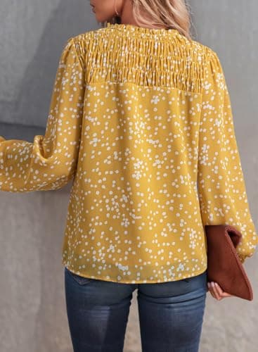 Dokotoo Womens Tops Spring Summer Blouses Boho Long Sleeve Shirts for Women Button Down V Neck Drawstring Babydoll Smocked Business Casual Outfits Ladies Elegant Blouses Plus Size Clothes Yellow XXL - Thumbnail 5
