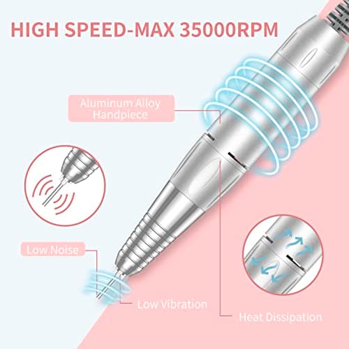 MOCOWIND Portable Nail Drill Professional 35000 RPM, Rechargeable Electric Nail File Machine Cordless E-File for Acrylic Gel Polishing Removing with Bits Kit for Manicure Salon Home, Pink - Thumbnail 4