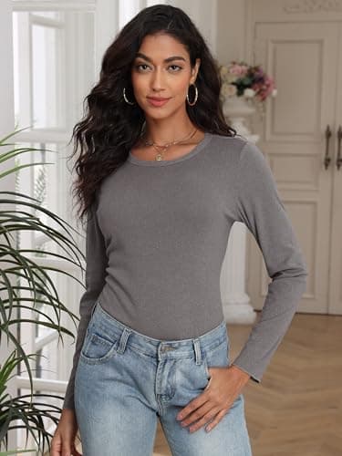 COCOMARTS Womens Long Sleeve Crewneck Knit Basic Tops Loose Casual Shirt 2025 Fall Winter Outdoor Thermal Undershirts Light Gray Medium - Thumbnail 5