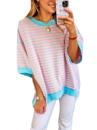 XINWEIZZ Oversized T Shirts for Women Casual Short Sleeve Striped Knit Shirt Crewneck Sweatshirts High Low Loose Blouse Tops - Image 1