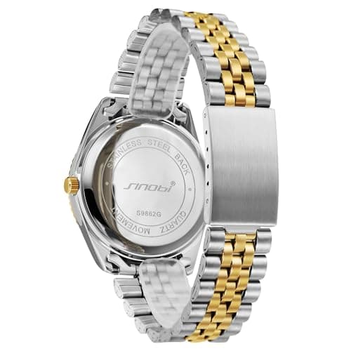 SINOBI Men's Luminous Hand Calendar Date Quartz Watch Classic Stainless Steel Watches for Men (Silver-Gold) - Thumbnail 5