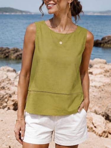 AceNest High Neck Tank Tops Linen Vest Plus Size Linen Crop Tops Boho Vacation Outfits Green XL - Thumbnail 3