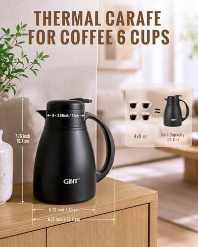 GiNT Insulated Coffee Carafe 34 Oz, Small Stainless Steel Flask for Hot Coffee with Fully Washable Detachable Lid, Portable Thermal Pitcher One-Hand Push Button Tea Dispenser for Travel Camping Office - Thumbnail 6