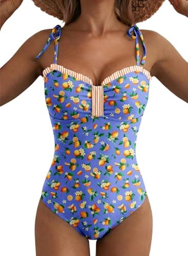Herseas Womens High Cut One Piece Swimsuit Sweetheart Neck Ruffled Trim Wire Free Adjustable Lace Up Straps Tummy Control Bathing Suits Cute Resort Beachwear Light Navy Citrus Print Medium - Image 1