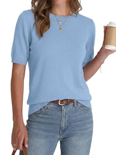 BTFBM Short Sleeve Sweater for Women Spring Tops Crew Neck Lightweight Pullover Loose Dressy Casual Blouse Basic Clothes(Light Blue, Large) - Image 1