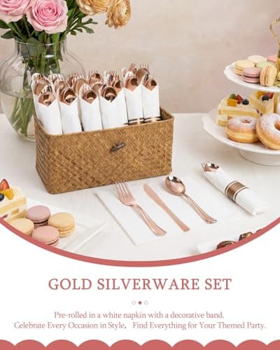 Supernal 240Pcs Rose Gold Plastic Silverware Set with Napkins - Pre Rolled Disposable Cutlery (60 Forks, 60 Knives, 60 Spoons) - Heavy Duty Utensils for Wedding, Bridal Shower & Elegant Parties - Thumbnail 5