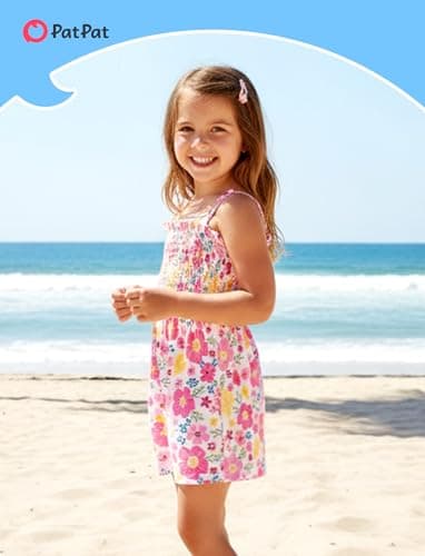 PATPAT Toddler Girl Romper 6T, Hot Pink Ditsy Floral Print Adjustable Spaghetti Strap Summer Rompers, Girls Romper 6 Cute Summer Outfits - Thumbnail 3