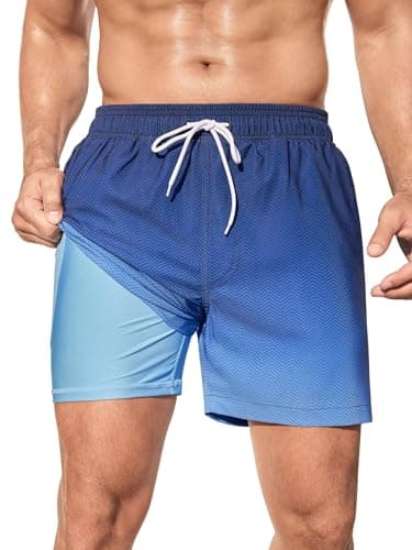 SILKWORLD Men's Swim Trunks Quick Dry Bathing Suits 6 Inch Swimming Shorts with Compression Liner and Zipper Pockets, Gradient-Blue Stripe, X-Large - Image 1