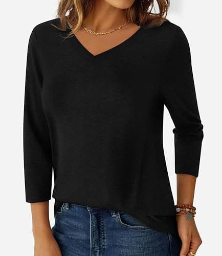 GKBK Womens Tops 3/4 Sleeve Shirts V Neck Casual Blouses Basic Loose Fit Pullover Tshirts Black L - Thumbnail 5