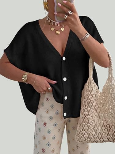 PRETTYGARDEN Button Up Lightweight Short Sleeve Cardigans for Women Trendy 2026 Casual Knit Open Front Maternity Clothes (Black, XX-Large) - Thumbnail 2