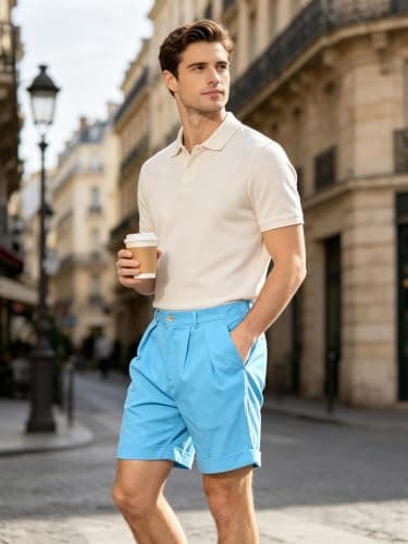 JEMLDL Men's Cotton Linen Shorts 7" Casual Pleated Summer Vacation Beach Coastal Nautical Elastic Waist Sky Blue Shorts with Pockets Medium - Thumbnail 2