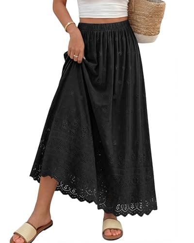 dowerme Women Summer Maxi Skirt Cute Elastic High Waist Boho Eyelet A-Line Cotton Flowy Long Skirts Spring Clothes 2026(Black,Medium) - Image 1