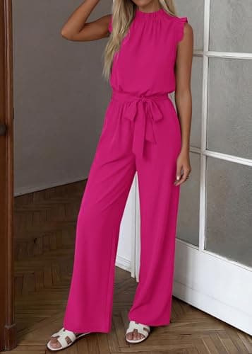 KIRUNDO Jumpsuits For Women Dressy Summer One Piece Sleeveless Ruffle Mock Neck Belt Pockets Formal Wide Leg Pants Romper(Rose Red, Large) - Thumbnail 5