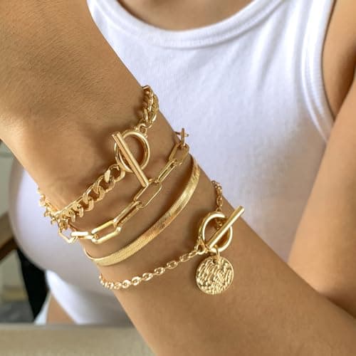 Alegend Bracelets Sets 14K Gold Plated Stackable Various Style Paperclip Chains to Toggle Clasp with Coin Charm Trendy - Thumbnail 4