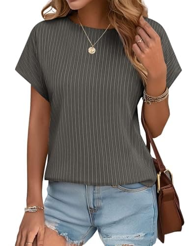 JUSTFASHIONNOW Womens Short Sleeve Blouses Business Casual Tops Crew Neck Basic Tees Textured Work Shirts Cute Office Outfits(Grey,S) - Thumbnail 2