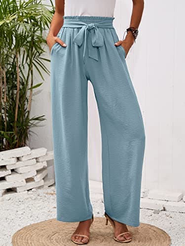 Heymoments Women's Wide Leg Lounge Pants with Pockets Blue Gray XX-Large Lightweight High Waisted Adjustable Tie Knot Loose Comfy Casual Trousers - Thumbnail 2