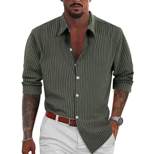 BAYAMO Men's Button-Down Striped Shirts Casual Long Sleeve Cotton Linen Collared Shirts Fashion Business Dress Shirt Green L - Thumbnail 2